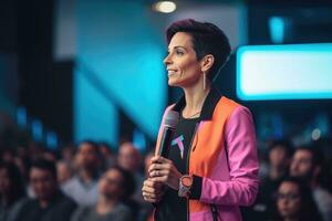 LGBTQ leader delivers a keynote address at a conference, talking about the importance of diversity,Generative AI. photo