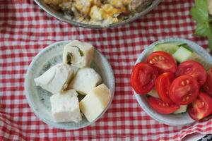 Cheese cubes in a break fast table , photo