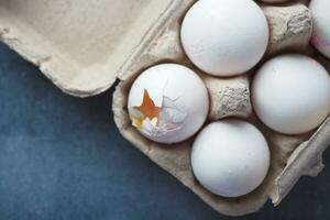 one broken egg with yellow yolk stored in carton container photo