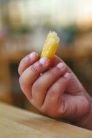 niño comiendo francés papas fritas cerca arriba foto