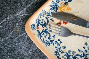 Empty plate after eating on table photo