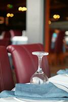 served and decorated round festive table in a restaurant photo