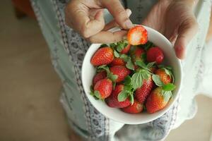 top view of women hand picks Strawberries photo
