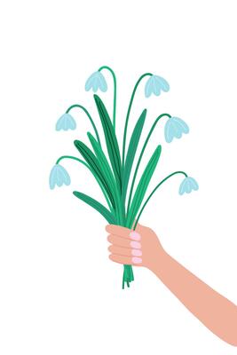 Bouquet of blue snowdrops held by a woman's hand on a white background. First flowers, spring, for print, banners, postcards, design elements. Vector.