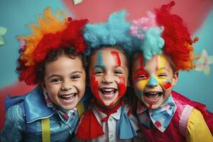 AI generated children dressed as clowns at a birthday party. generative ai photo