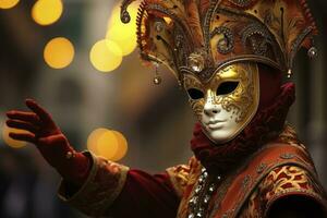 ai generado un hombre vestido en un lujoso veneciano carnaval mascarilla. generativo ai foto