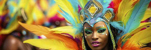 ai generado vistoso carnaval niña en pluma traje. generativo ai foto