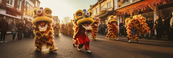 AI generated a group of people with lion attire walking down a street. generative ai photo