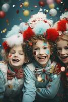 AI generated children dressed as clowns at a birthday party. generative ai photo