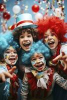 AI generated children dressed as clowns at a birthday party. generative ai photo