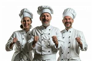 ai generado cocineros sonriente y felizmente celebra su logro foto