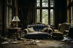 AI generated Abandoned living room natural disaster photo