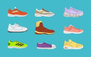 Various Shoes icons collection. Boots, sport shoes, sneaker, hiking footwear and other shoes for exercise. Men's and women's footwear. Hand drawn Vector illustration. All elements are isolated