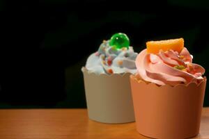 Cute cupcake on wooden table and black background with space for texts. photo