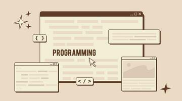 Software developer or code testing. Website development concept in trendy retro colors. Script coding, web ui ux design and programming. Vector flat illustration.