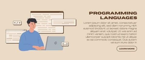 Software engineering and script coding web banner template. Programmer working on web development on computer screen. Website developer. Vector isolated illustration.