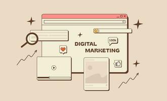 Digital Marketing concept in retro style. Old computer interface with browser window, search bar, social media statistic, multimedia player. SEO analysis, SMM, web app development. Vector illustration