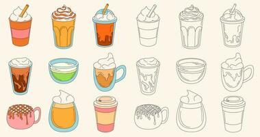 Coffee cups set in doodle style. Various cups line art style drawn collection with cream, straws, caramel and foam. Vector illustration isolated on background.