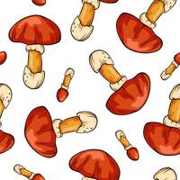 Seamless pattern with Caesars mushrooms in cartoon line art style. For wrapping paper, wallpaper, textiles, background. Vector illustration isolated on a white background.