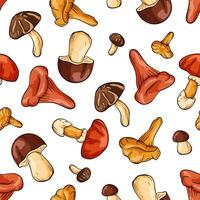 Seamless pattern with edible mushrooms in cartoon line art style. For wrapping paper, wallpaper, textiles, background. Vector illustration isolated on a white background.