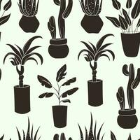House plant flat pattern. Silhouettes seamless pattern of decor house indoor garden plants. Black and white house plants in flower pot outline doodle .Vector illustrations. vector