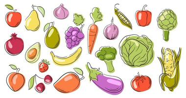 Fruits and vegetables collection in a line art, flat style. Mango, corn,, cherry, strawberry, eggplant, avocado, carrot. Vector illustration isolated on a white background.