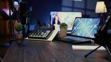 Close up zoom out shot of audio equipment used for podcasts, vlogging and livestreams on internet channel. Professional mic, analog mixer and headphones in studio used for recording high quality sound video