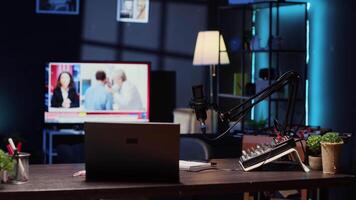 Woman arriving in studio, broadcasting live on streaming platform using professional tools producing high quality audio. Influencer putting headphones on, creating engaging social media content video