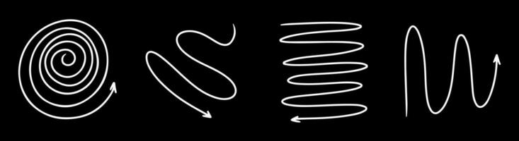 Doodle spring and spiral arrows set, hand drawn coil icons. Vector flexible lines for your design