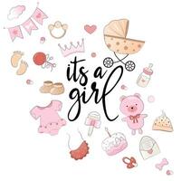 Gender reveal party. Props for a children's photo booth. This is a girl, the inscription is written in calligraphy.  A set of items for a  girl dress, crown, ball, cake, rattle, pacifier, bib vector