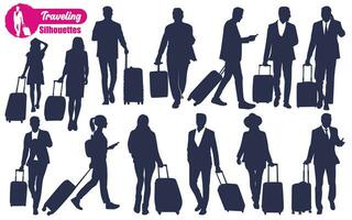 Traveling with Suitcase Silhouettes Vector illustration