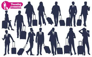 Traveling with Suitcase Silhouettes Vector illustration