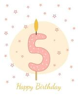 Sweet, Happy Birthday card. Vector illustration of a candle for a cake in the form of the number 5.