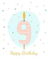 Happy Birthday card. Vector illustration of a candle for a cake in the form of the number 9.