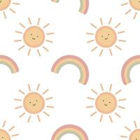 Seamless Cartoon Spring with sun and rainbow. Vector illustration in flat style.