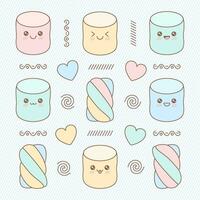 Set of cute soft marshmallows in kawaii style. Vector illustration of sweet food in pastel color.