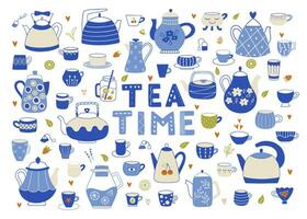 Collection with modern teapots  and cups in flat cartoon style. vector