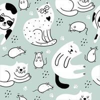 Doodle cats and cute mouses seamless pattern. vector