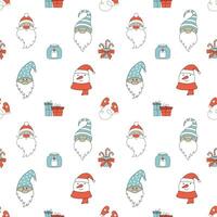 Seamless Christmas pattern with Santa Claus, gnomes, and snowman. vector