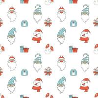 Seamless Christmas pattern with Santa Claus, gnomes, and snowman. vector