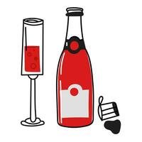 Open bottle of champagne and a glass with poured alcohol, a set of vector cartoon illustrations highlighted on a white background. An open bottle of champagne with a cork and a glass, a festive toast