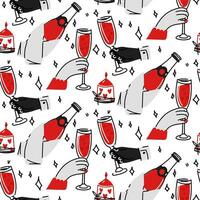 Pattern is a pair of hands with glasses, open champagne. Seamless pattern of male and female hands with glasses and bottles, candles on a white background. Vector illustration Star, romance, courtship