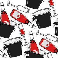 Pattern is a bottle of champagne, a glass, an ice bucket. Seamless restaurant service pattern with bottle and glass of wine, ice bucket with champagne in flat doodle style in red and black colors vector