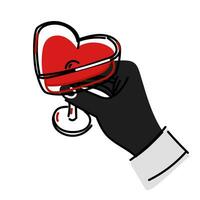 Man's hand in a glass of alcohol in the shape of a heart top view. Wine lover, the concept of a wine festival. A flat vector illustration of a man holding a glass in his hand. Fashionable print design