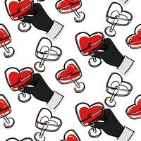 Pattern is a man's hand with a heart-shaped glass. An empty and full glass. Seamless pattern of wedding champagne glasses. Valentine's Day, romantic date on a white background vector