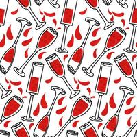 The pattern is glasses with red alcoholic beverages. Glasses with poured red alcohol, splashes, pour. Flat vector doodle ornament. Valentine's Day in red and black colors on a white background