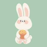 A cute white Easter bunny rabbit holds a traditional cake. Flat cartoon character for Happy Easter greeting card, invitation, sticker, web design, Easter banner. Vector illustration of Easter symbols.