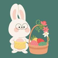 A cute white Easter bunny rabbit and basket with painted eggs. Flat cartoon character for Happy Easter greeting card, invitation, sticker, web design, banner. Vector illustration of Easter symbols.