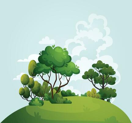 Summer nature landscape with hills, green trees, bushes, grass, meadow. Spring landscape with blue sky, clouds, forest, park, shrubs, trees in cartoon style. Woodland background vector illustration.