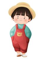 A cute little boy in cartoon style. Happy, kawaii smiling boy childred character. A schoolboy in a hat stands with his hands in his pockets. Vector illustration isolated on a white background.